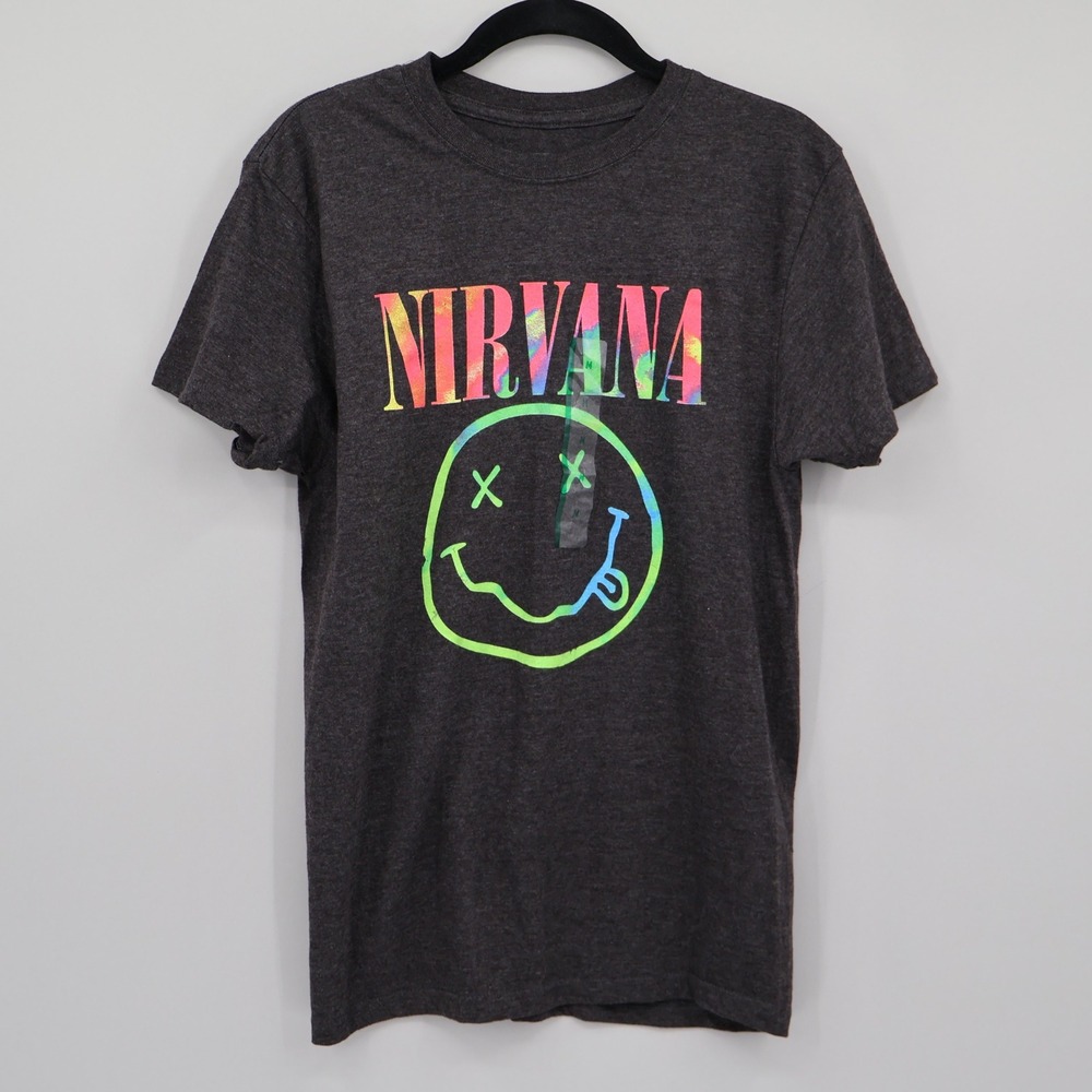 Nirvana Smiley Face Graphic Tee Mens M Gray Grunge‎ Seattle Band Shirt Alt NWOT